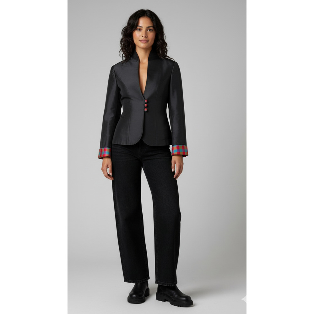 Y2k Statement Reversible Structured Plaid Silk Bl… - image 2